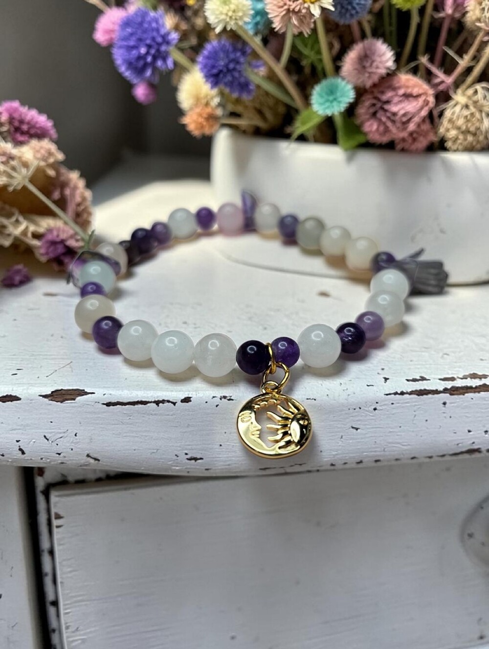 Amethyst & White Beaded Bracelet with 14k Gold Plated Sun Charm 7"